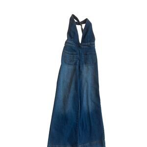Dollhouse denim halter jumpsuit 7/8 y2k wide leg deep V back zip overalls jumper